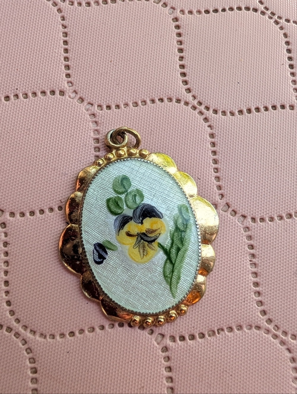 Vintage Gold Floral Hand-Painted Pansy Pendant